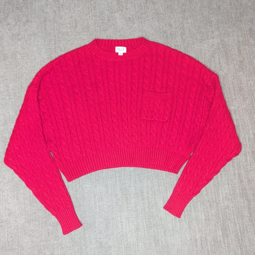 Le Lis Collection Red Cable Knit Cropped Sweater Chest Pocket XS MWT7191